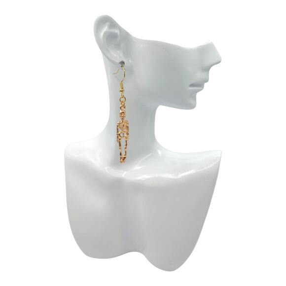 Skeleton Earrings Gold Tone Spooky Halloween Dangles - Picture 4 of 4